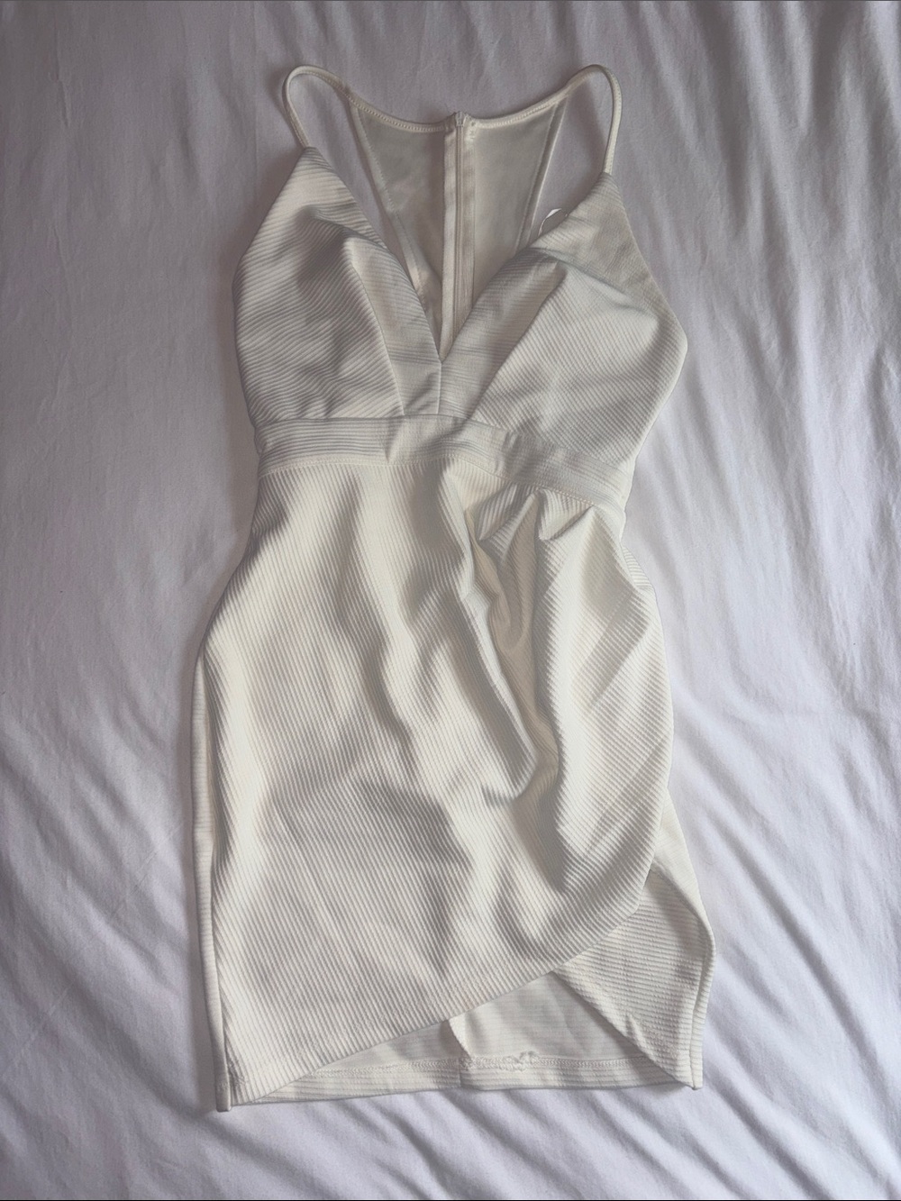 Xenia Boutique White Ribbed V-Neck Mini Dress